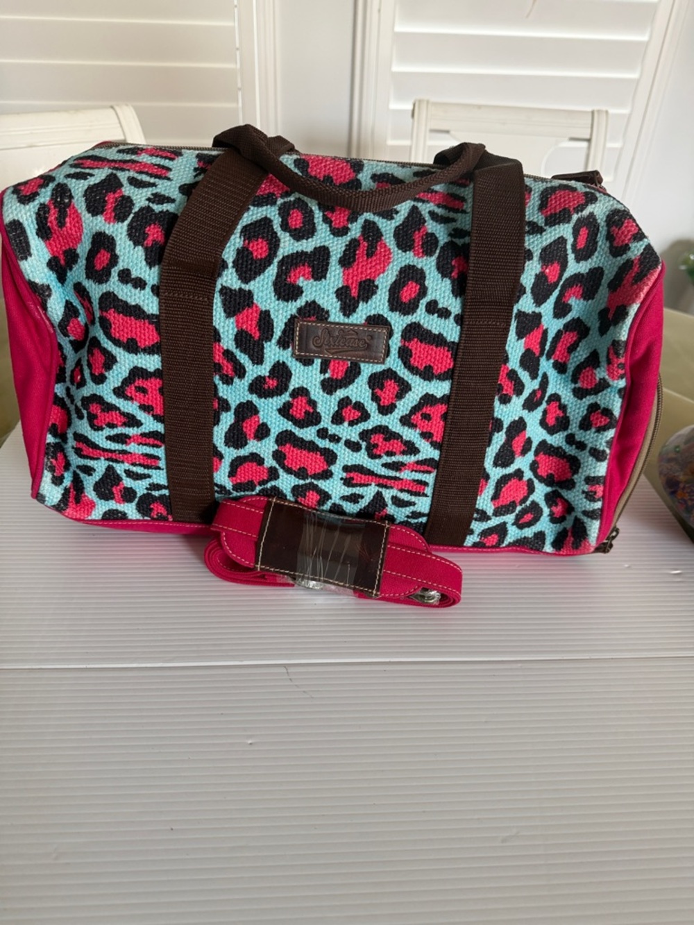 Sixtease Up-cycled Canvas Duffle Bag Leopard Print Adjustable Shoulder Strap - Picture 2 of 11